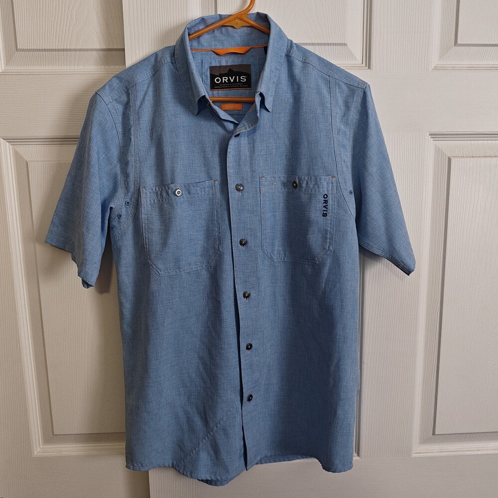 Orvis Tech Chambray Shirt Men’s S Blue Short Sleeve Button Down Fishing Outdoors